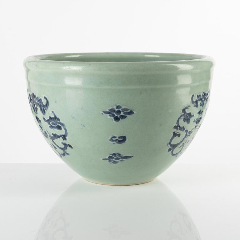 A celadon ground blue and white flower pot, 20th century.