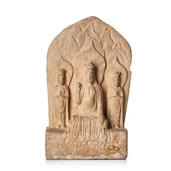 846. An inscribed limestone Buddhist stele, Tang style, with an inscription the third year of the Xian, corresponding to 672.