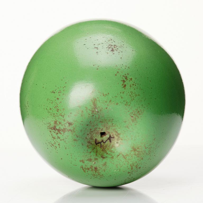 Hans Hedberg, a faience sculpture of a green glazed apple, Biot France.