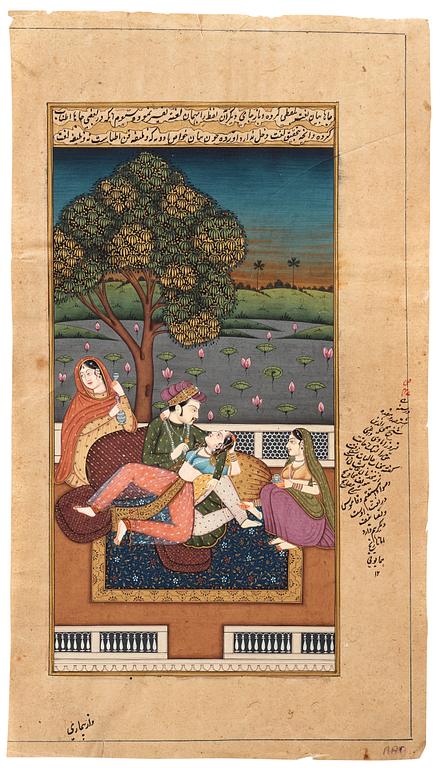 ALBUMBLAD, två styckenn, bläck och färg på papper med förgyllda detaljer. Indien, 1800-tal.