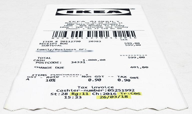 Virgil Abloh, a carpet, 'kvitto' ('Receipt'), IKEA x Virgil Abloh, the 'MARKERAD' collection, c. 200 x 90 cm.