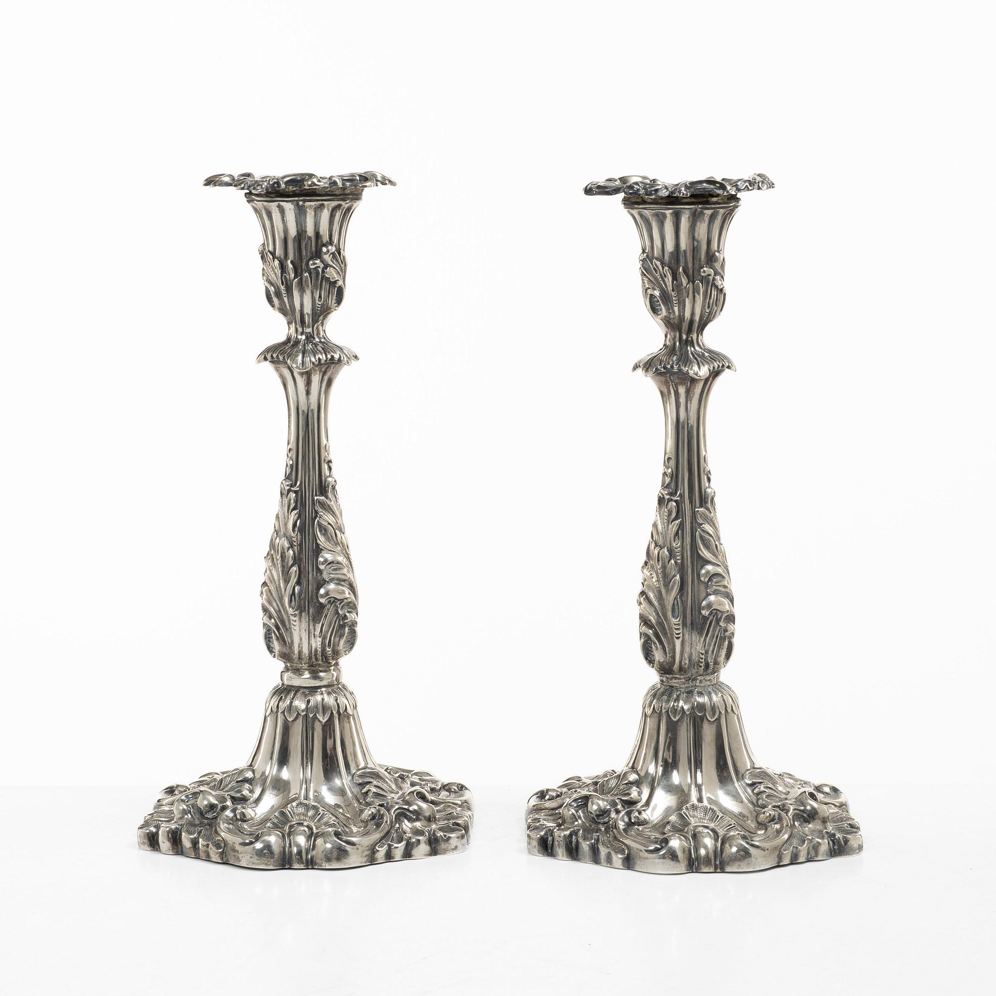 Gustaf Möllenborg, (Féron), ljusstakar, ett par, silver, nyrokoko, Stockholm 1861.
