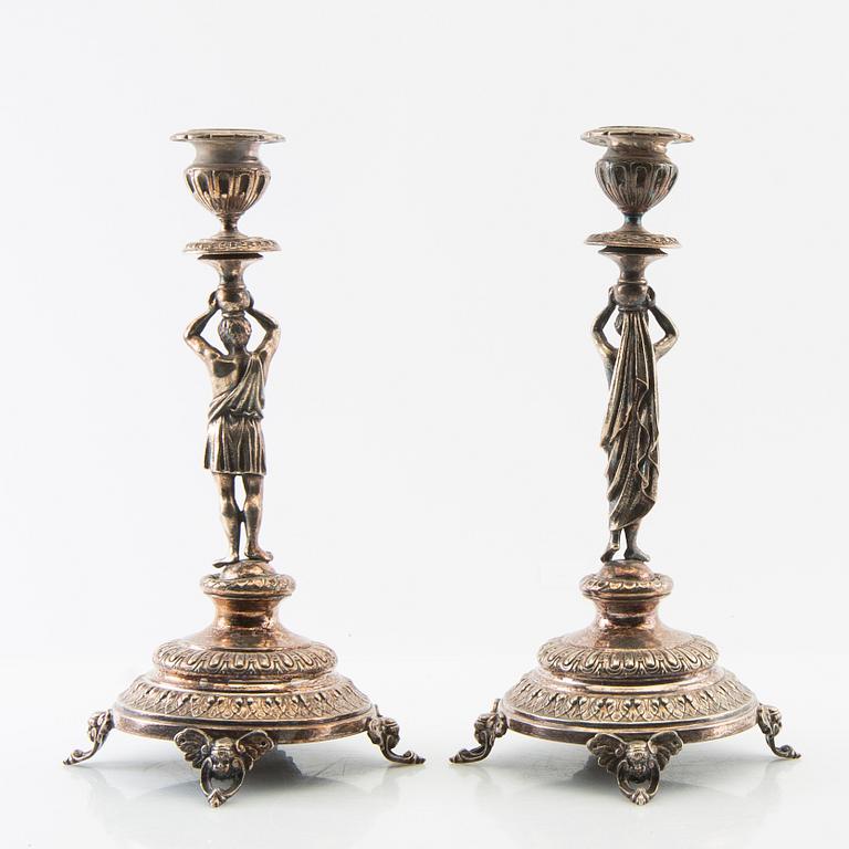 Candelabras, a pair of silver plate, late 19th century, Renaissance style.