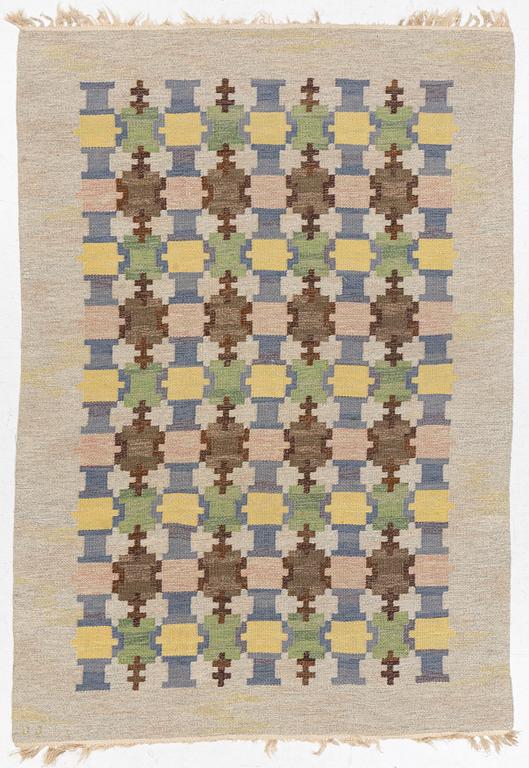 Judith Johansson a carpet, "Höstkastanj", flat weave, c. 242 x 167 cm, signed JJ.