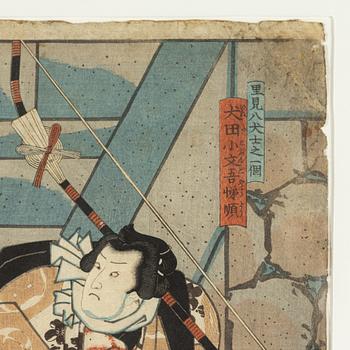 Ando Hiroshige respektive Utagawa II Kunisada, efter, träsnitt, två stycken.