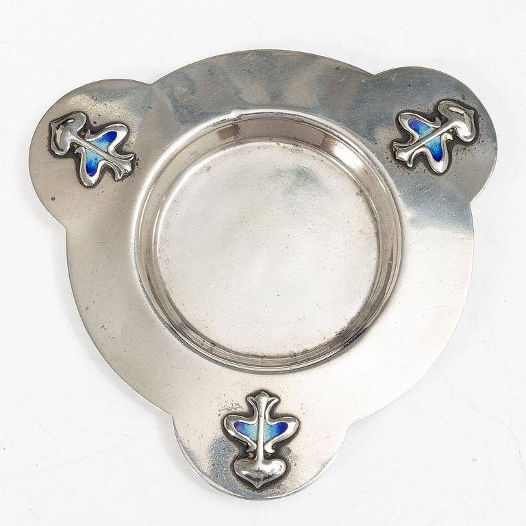 An English Arts & Crafts era silver and enamel dish, mark of James Fenton, Birmingham 1905.