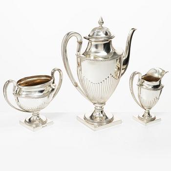 Guldsmedsaktiebolaget (GAB), A Swedish silver Gustavian style coffee pot, creamer and sugar bowl, Stockholm 1910.