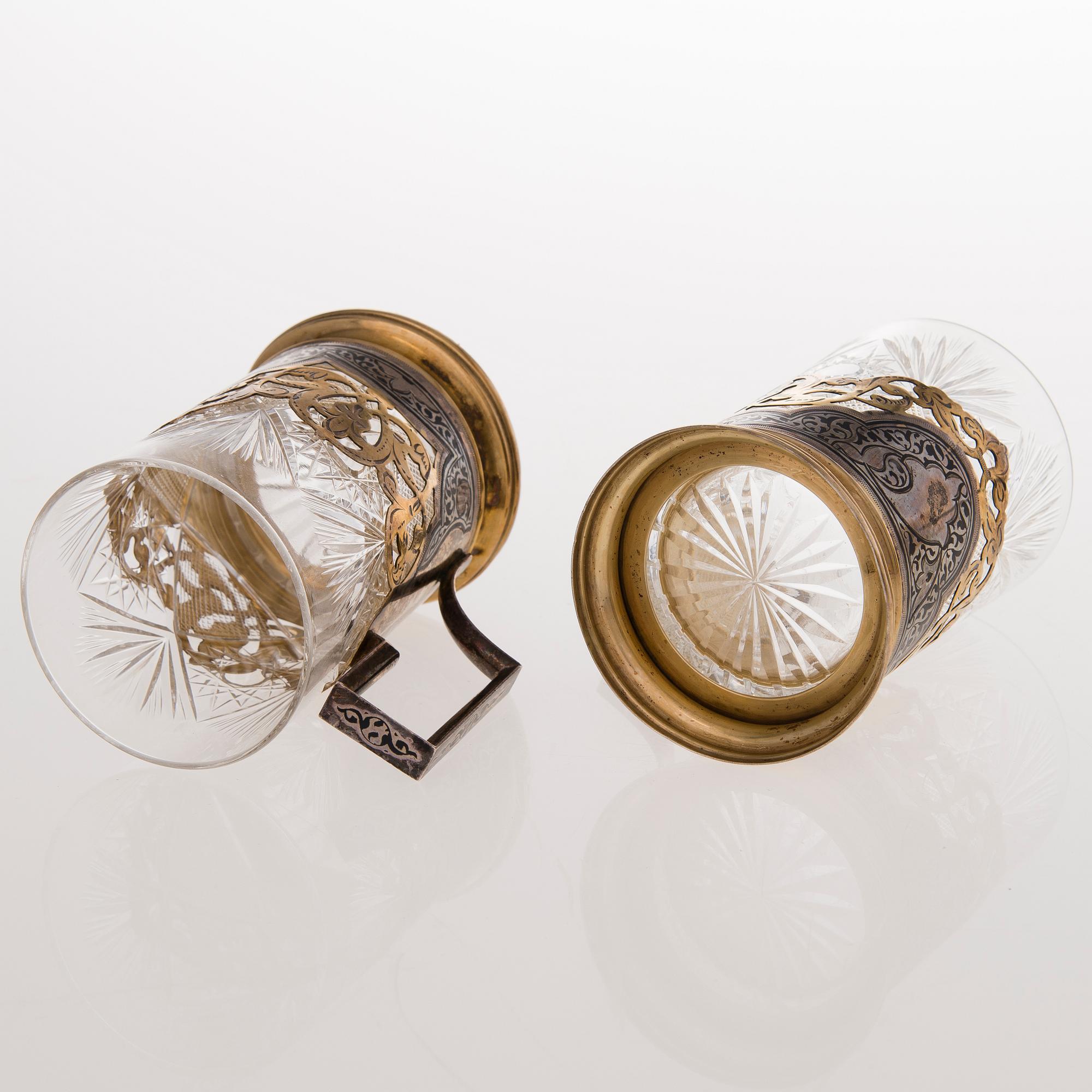 Six Russian tea glass holders, silver, metal and enamel, latter half of the 20th century.