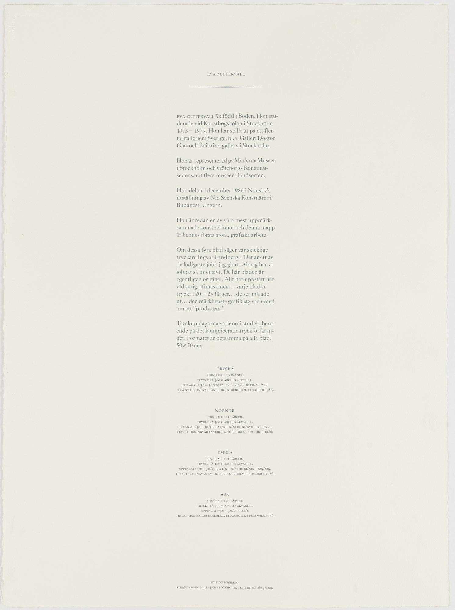 Eva Zettervall, complete portfolio with 4 screenprints in colours.