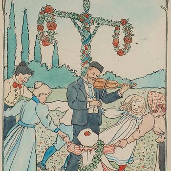 Elsa Beskow, "Näst att dansa kring majstången på midsommarafton, när pappa spelar på sin fiol", illustration for "Barnen på Solbacka".