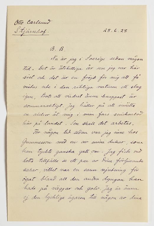 LETTER from Otto G. Carlsund to GAN (Gösta Adrian-Nilsson) in Lund, dated Stjärnhof 28.6.(19)28.