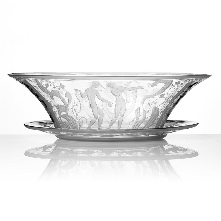 Simon Gate, a Swedish Grace engraved glass bowl with stand, Orrefors 1930, model 147, engraved by Karl Rössler.