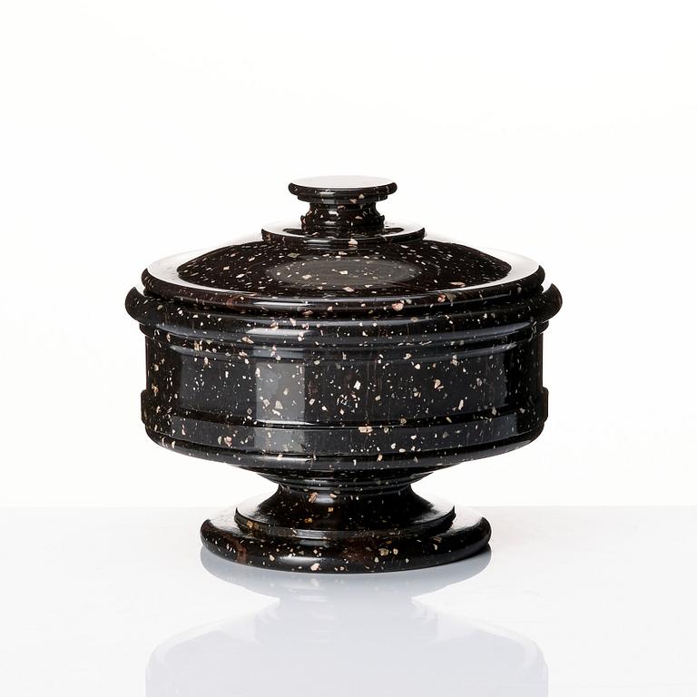 A Swedish Empire porphyry bowl with cover and foot, 19th century.