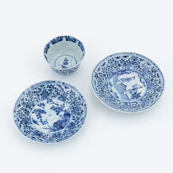 Two blue and white bowls, and a cup with two stands, Qing dynasty, 18th Century.