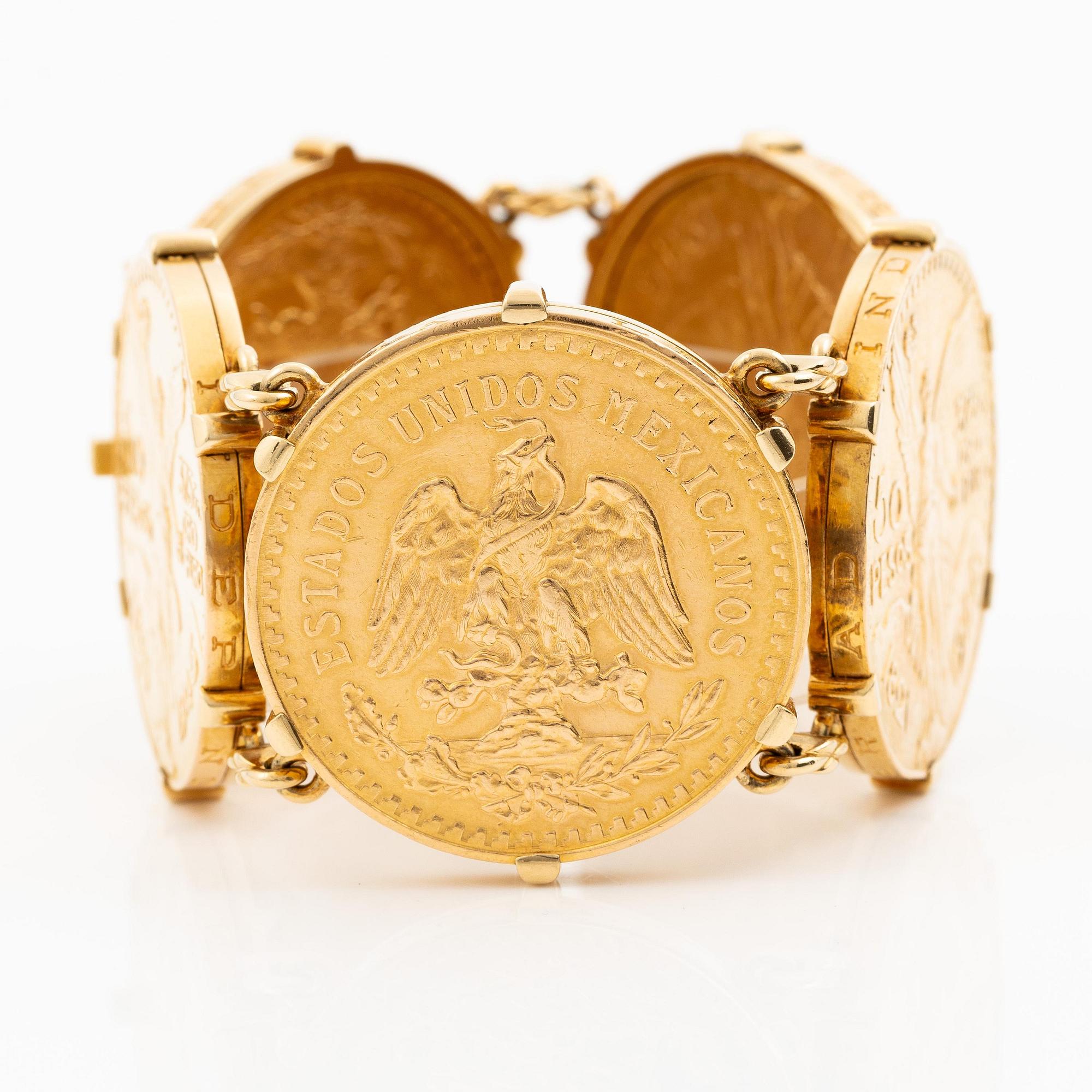 A bracelet gold set with mexican gold coins.