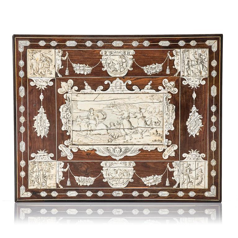A Neopolitan ebony, rosewood and engraved ivory writing box from the circle of Iacopo Fiamengo, first part 17th century.