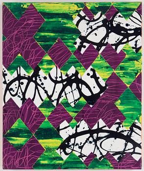 An oilpainting by MARI RANTANEN, triptych, entitled "Masks of the Spirits", signed and dated 1993.