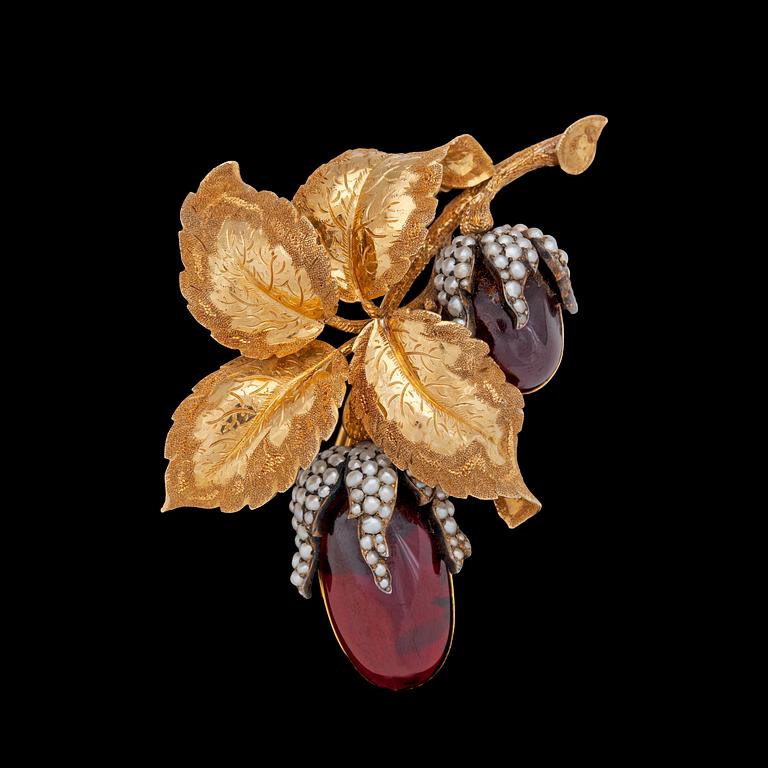 A garnet and natural pearl brooch, c. 1870.