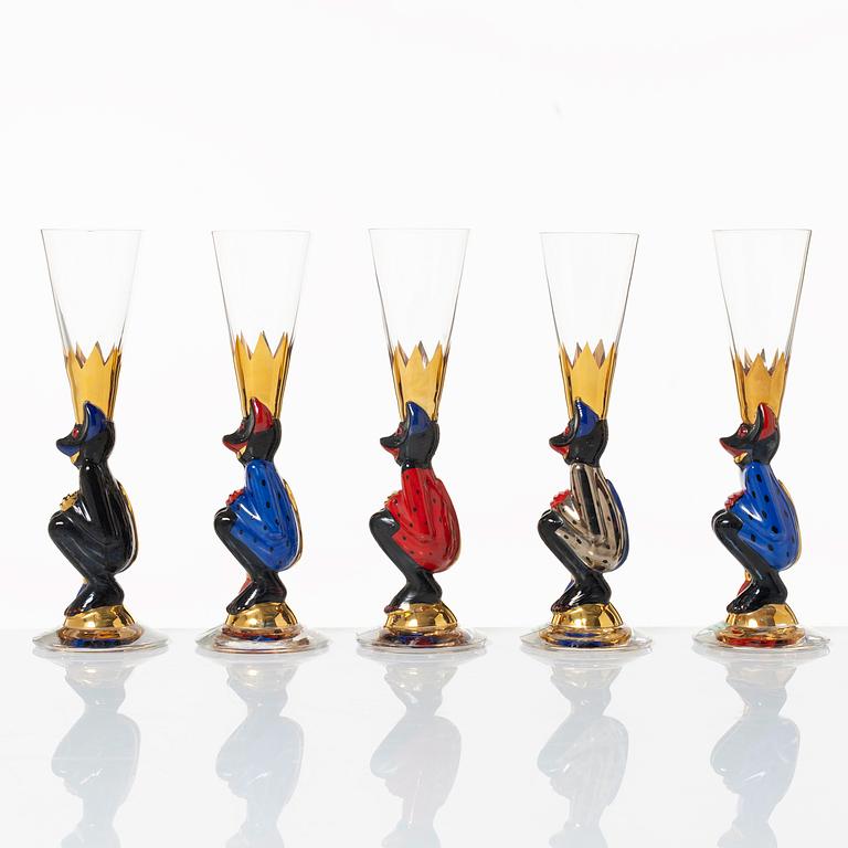 Gunnar Cyrén, snapsglas, 5 st, s.k. "djävulsglas", ur "Nobel" servisen, Orrefors.