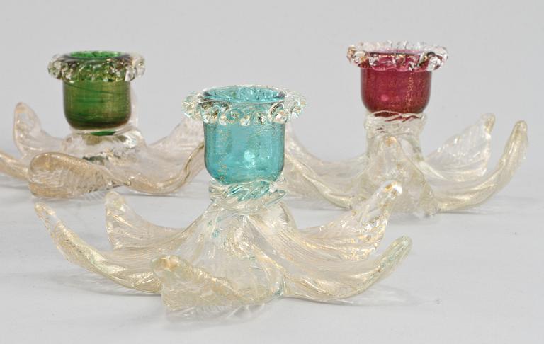 LJUSSTAKAR, 7 st, glas, Murano, omkring 1900-talets mitt.