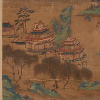 A Chinese scroll painting, ink and colour on paper, Qing dynasty after Wen Zhenming.