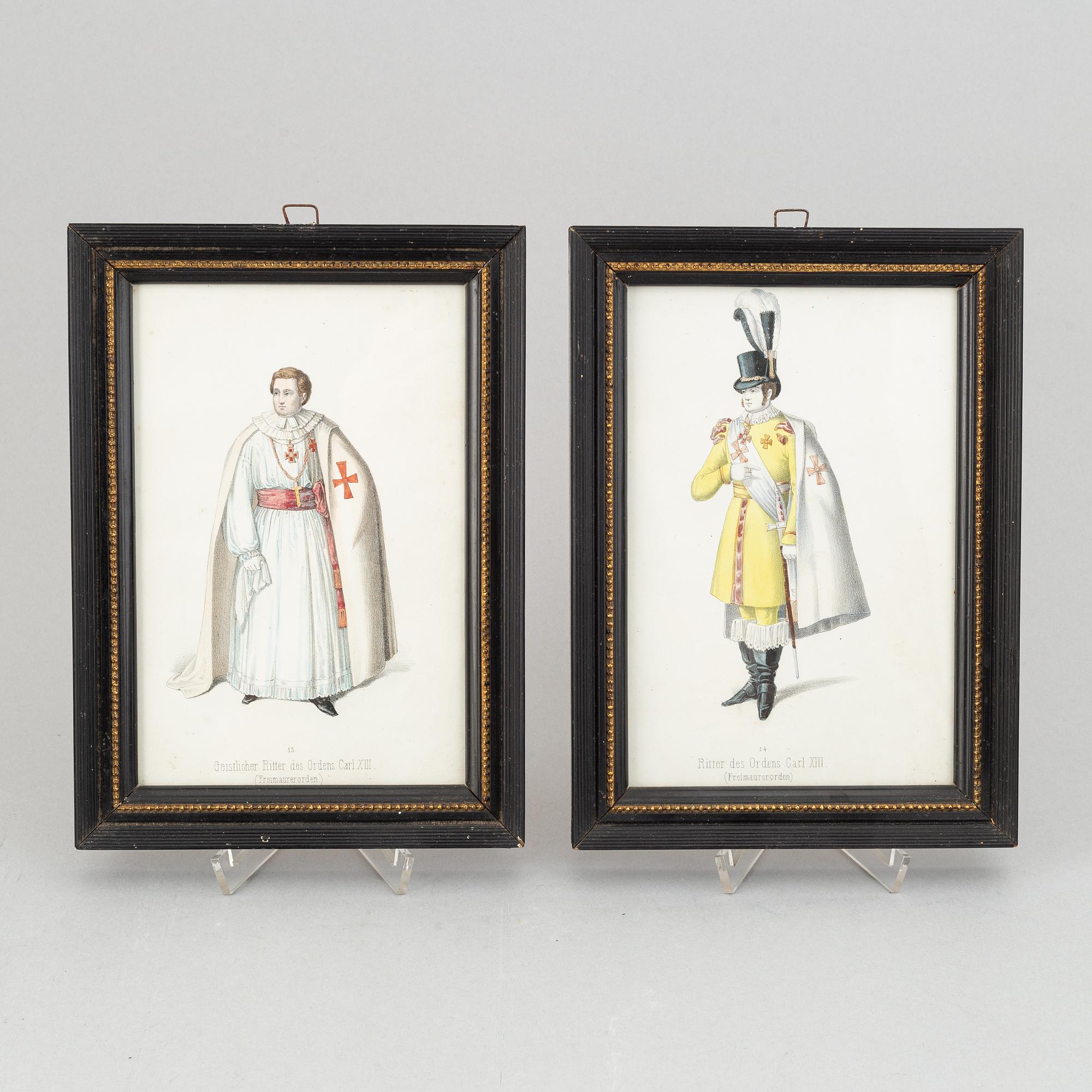 A set of twelwe hand-coloured litographs of Swedish chivalric orders by Adolf Ulrik Schützercrantz.