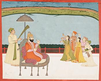 A miniature painting depicting a ruler entertained on a terrace, north India, circa 1770.