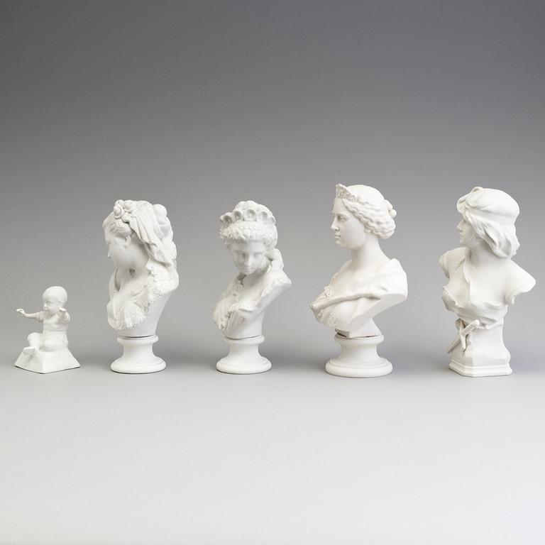 FOUR PARIAN BUSTS AND A FIGURE, Gustafsberg ca 1900.