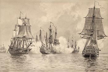 63. Jacob Hägg, "Konvojskeppet Ölands strid med engelska eskadern utanför Englands kust i juli 1704" (The convoy ship Öland battling the english squadron off the english coast July 1704).