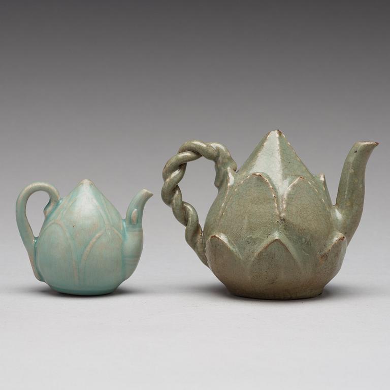 Two Korean celadon glazed pots, Koryo, 13th century.