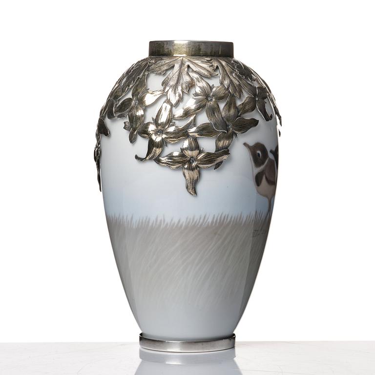 Anton Michelsen, & Royal Copenhagen, a porcelain vase with sterling silver base and rim, Copenhagen 1911.