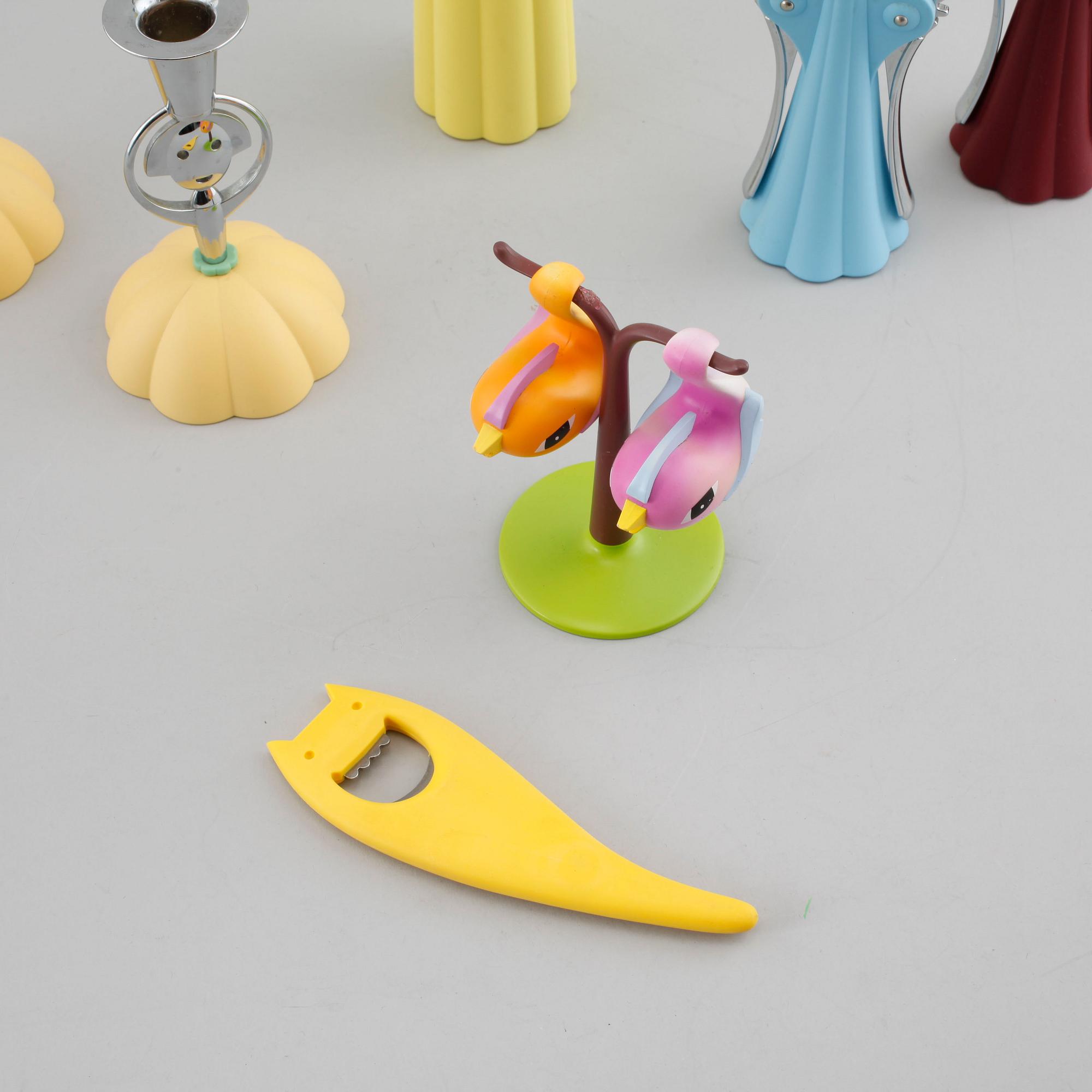 Seven items by Alessi, in plastic and metal, made in Italy around year 2000.