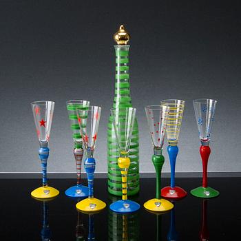 ANNE NILSSON, a set of seven snaps glasses and decanter, all signed.