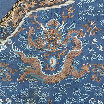 A five clawed dragon kesi robe on blue ground, Jifu, Qing dynasty, 19th Century.