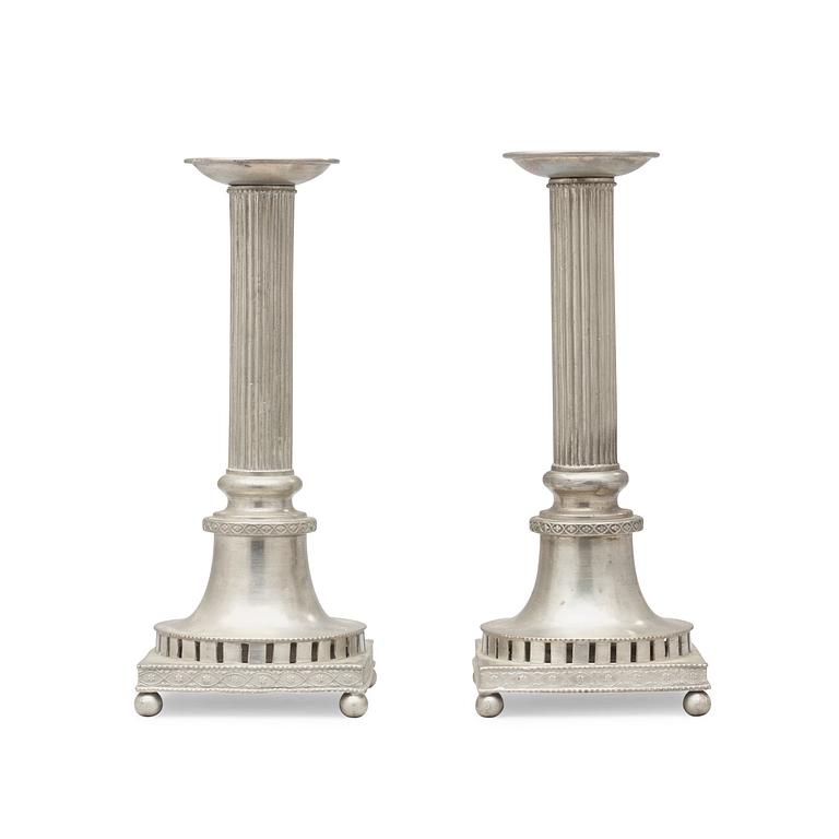A pair of late Gustavian pewter candlesticks by H Wicksten, master 1782.