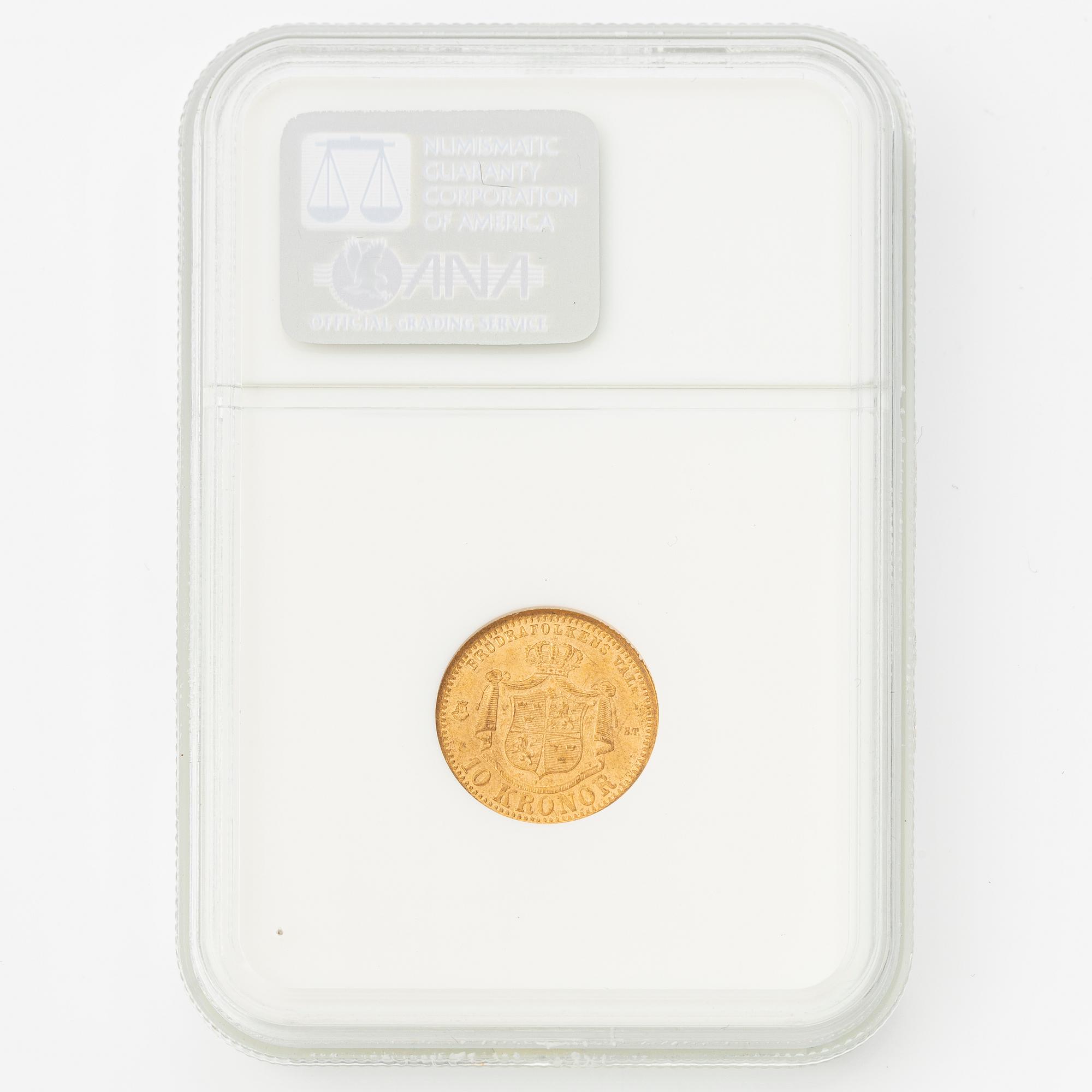 Gold coin, Oscar II, 10 kronor, type I, Sweden 1874/73.