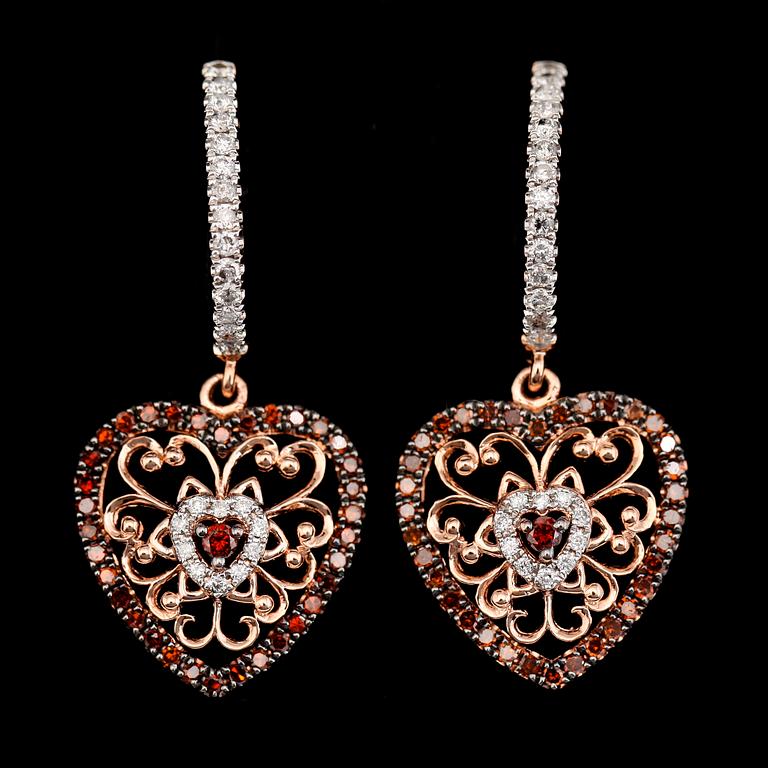 ÖRHÄNGEN, 18K roséguld, briljantslipade diamanter och roströda stenar.