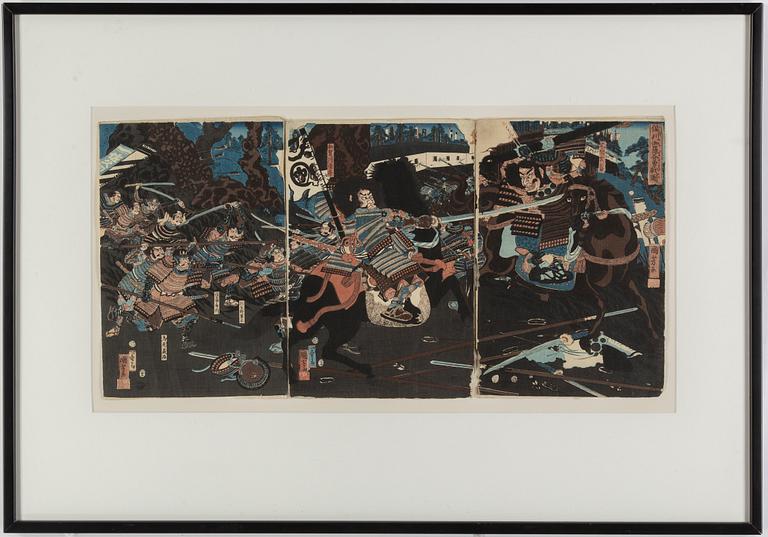 UTAGAWA KUNIYOSHI (1797/98-1861), färgträsnitt, triptyk. Japan, 1800-tal.