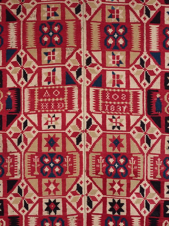 A flat weave bed cover, c. 182 x 126 cm, Gärds district, northeastern Scania, signed AO HID IOS, dated 1837.