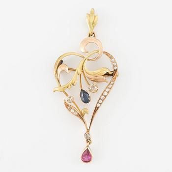 Brooch/pendant 12K two-tone gold with old mine and rose-cut diamonds, sapphire and ruby,