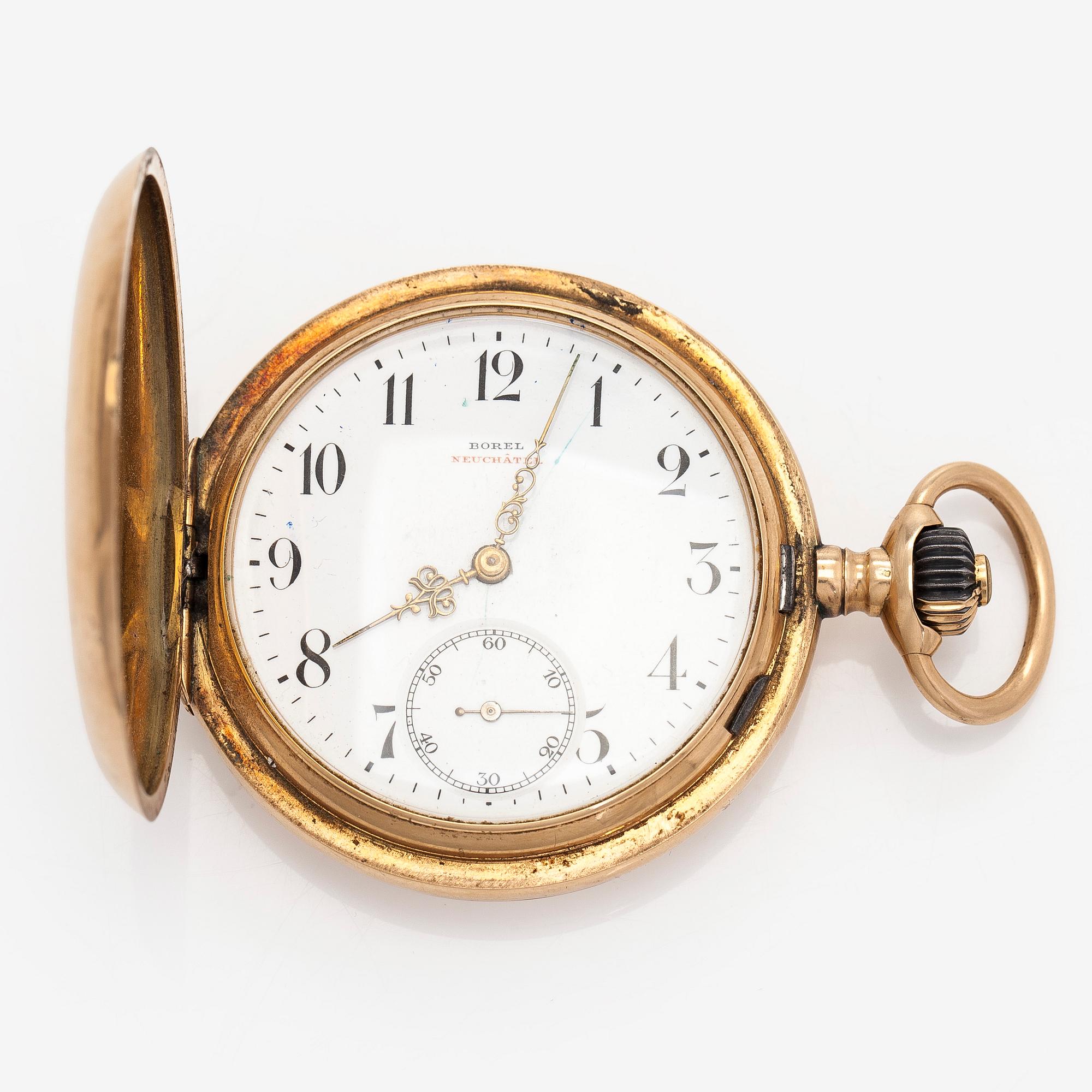 Pocket watch, Borel Neuchatel, 53 mm, 14K gold, lever escapement, plastic crystal.