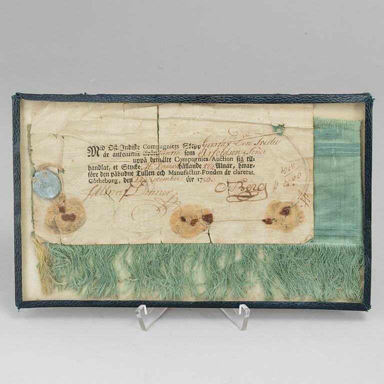 A receipt on paid duty and fee for cloth, Swedish East India Company dated November 22, 1780.