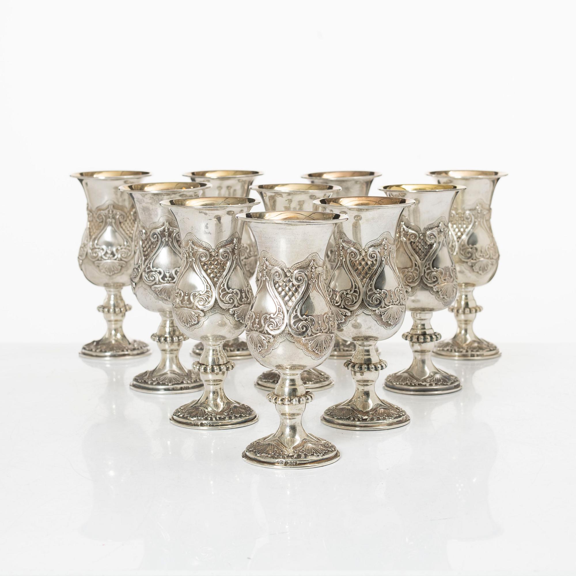 Champagnekalkar, 10 st, sterlingsilver, rokokostil, 1900-tal.