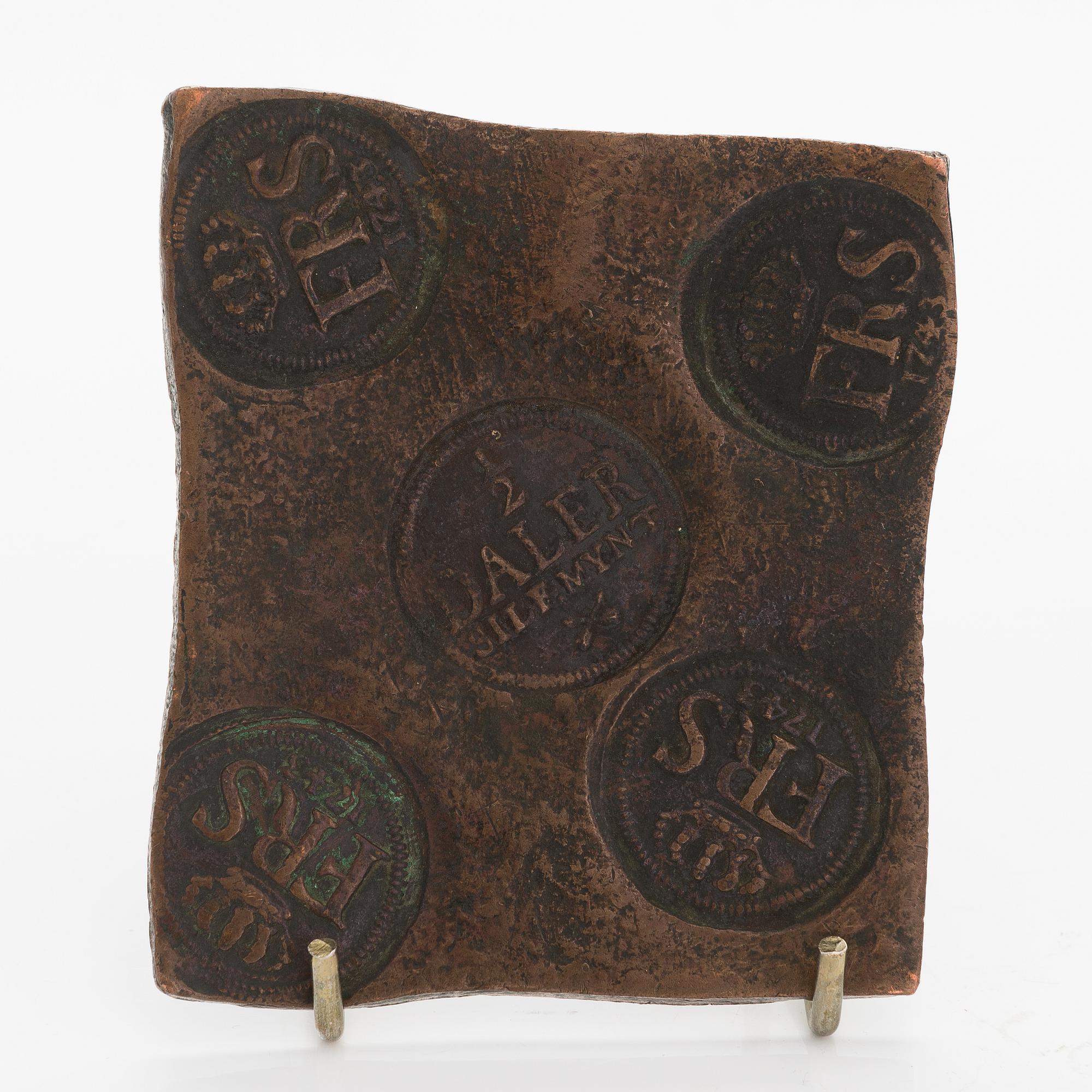 Plåtmynt, 1/2 daler silvermynt, koppar, Fredrik I, 1743.