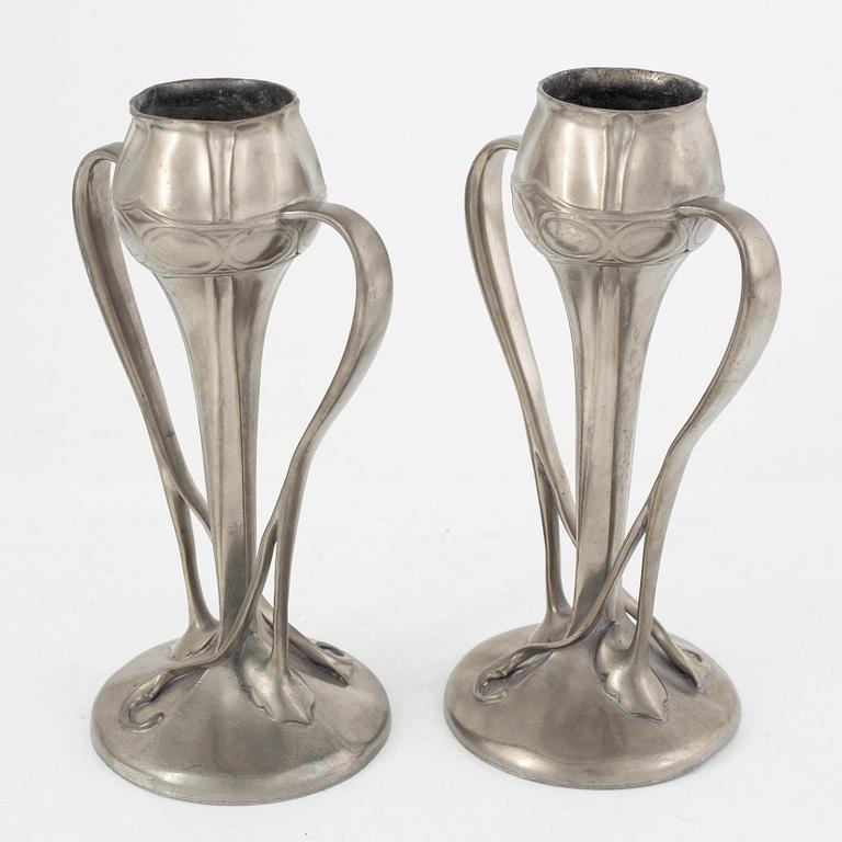 A pair of model 029 Art Nouveau pewter vases, Liberty & Co, Tudric, England, early 20th Century.