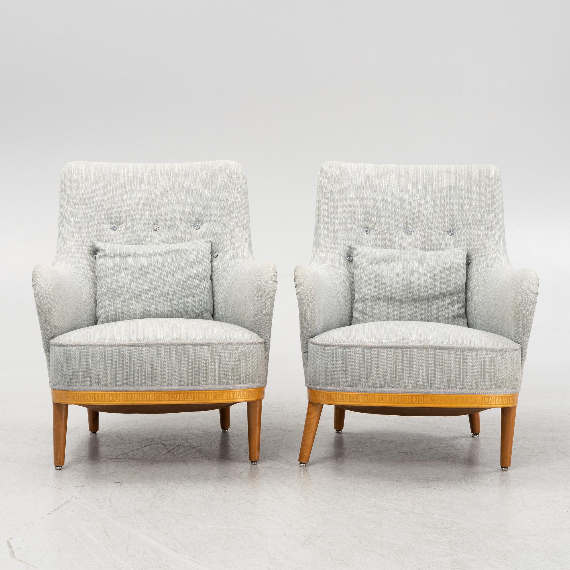 Carl Malmsten, attributed to. A pair of inlay easy chairs, mid 20th Century.
