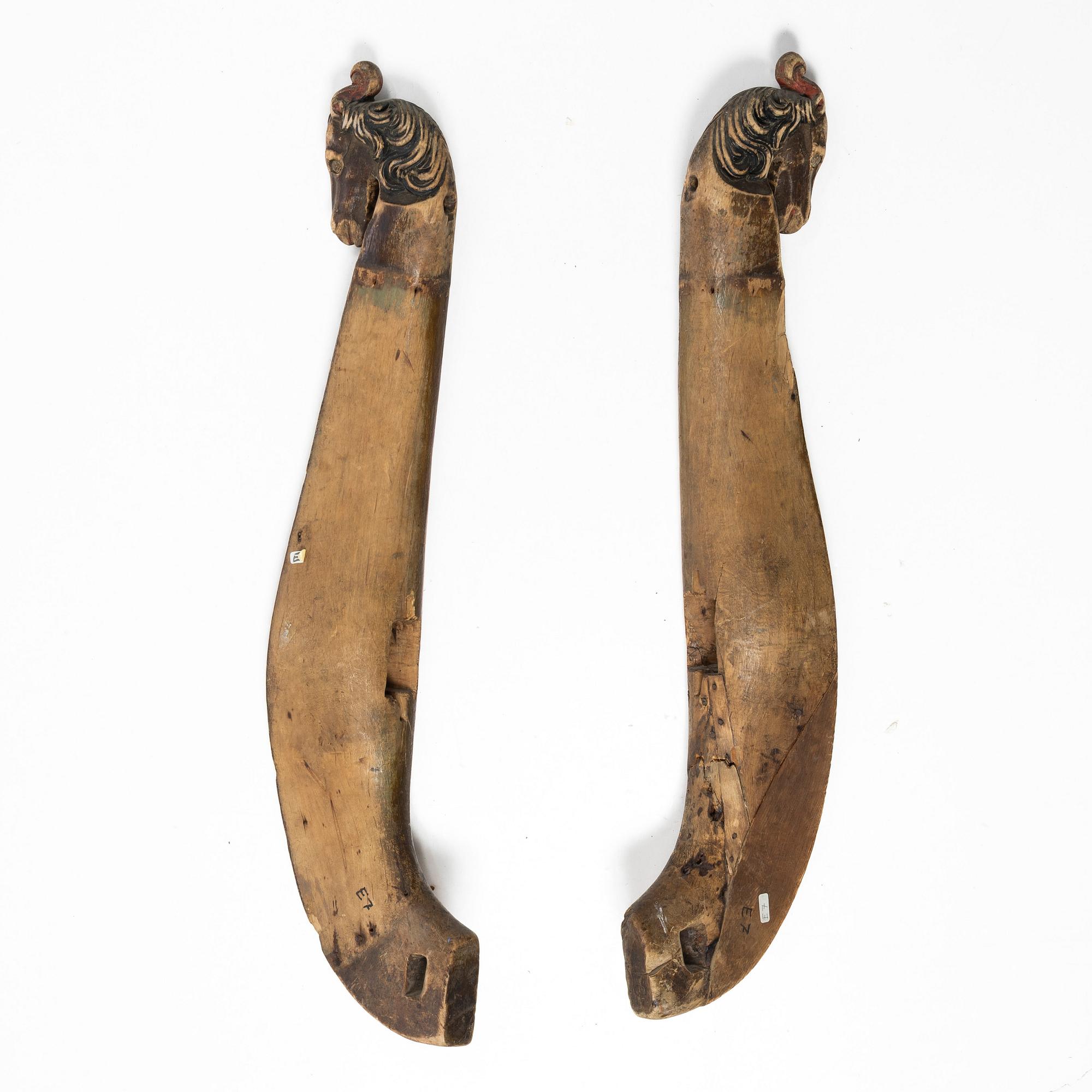 Locomotives, a pair. Folk art, Jämtland, 17th-/18th century.