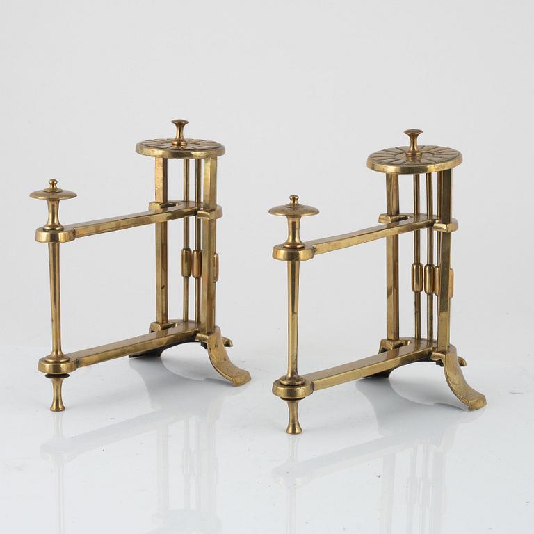 A pair of brass andirons, possibly England, around 1900.