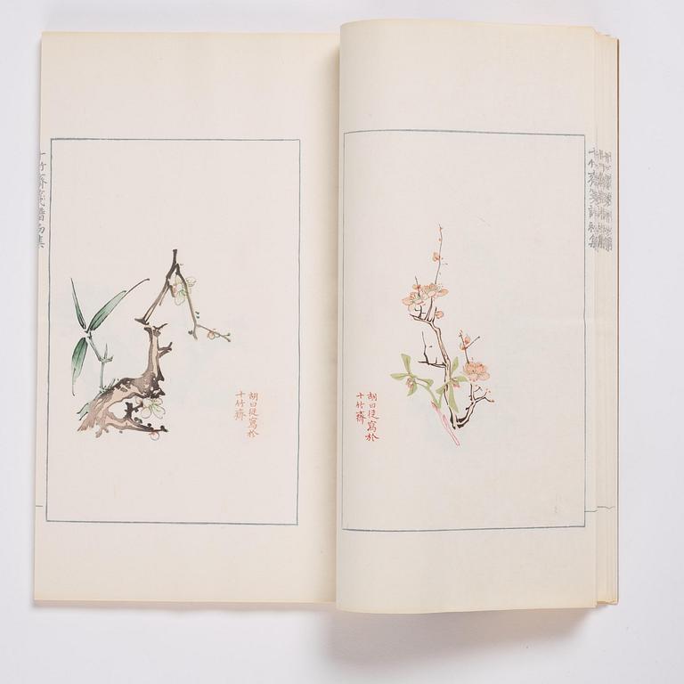 A book, four volumes, numerously illustrated with woodcuts in colours, "Shi zhu zhai jian pu" by Hu Zhengyan.