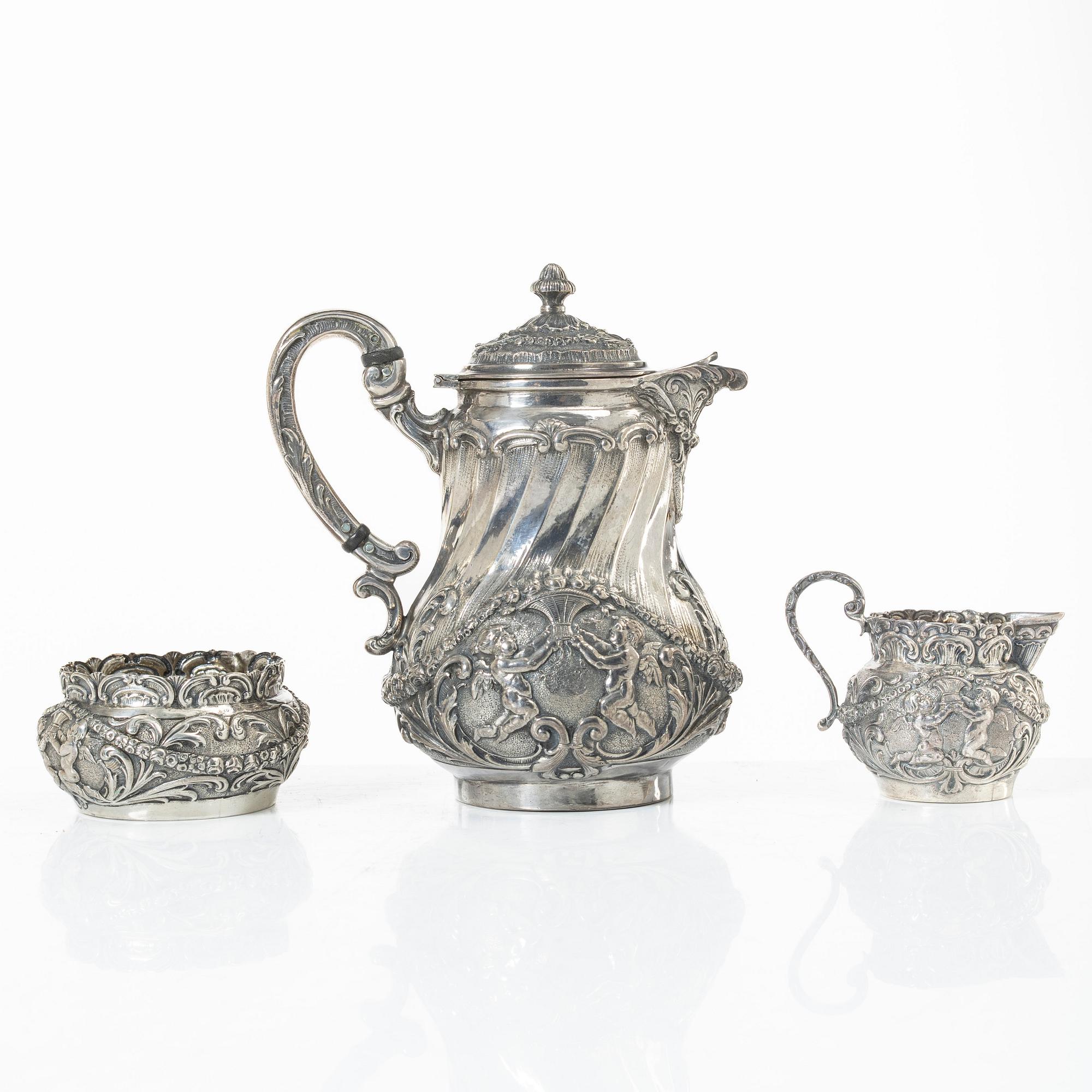 Coffee service, four pieces, silver, Rococo style, 20th century.